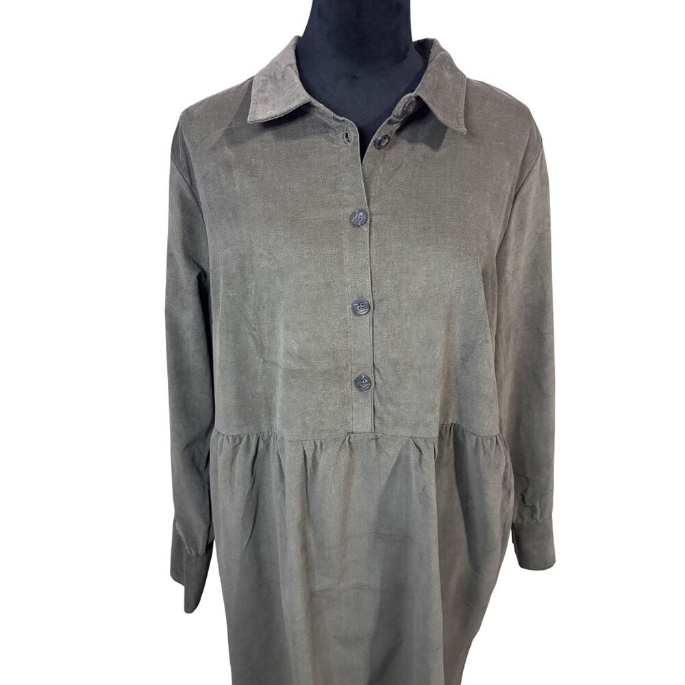 Nine West Empire Waist Olive Green Corduroy Babydoll Shirt Dress - Picture 3 of 14
